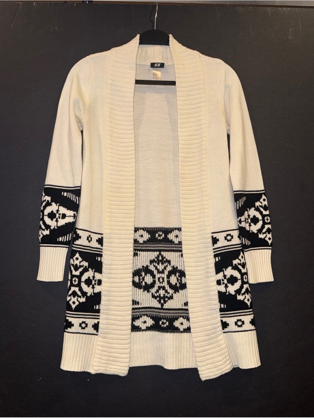 H&M Cream and Black Nordic-Pattern Open Cardigan XS